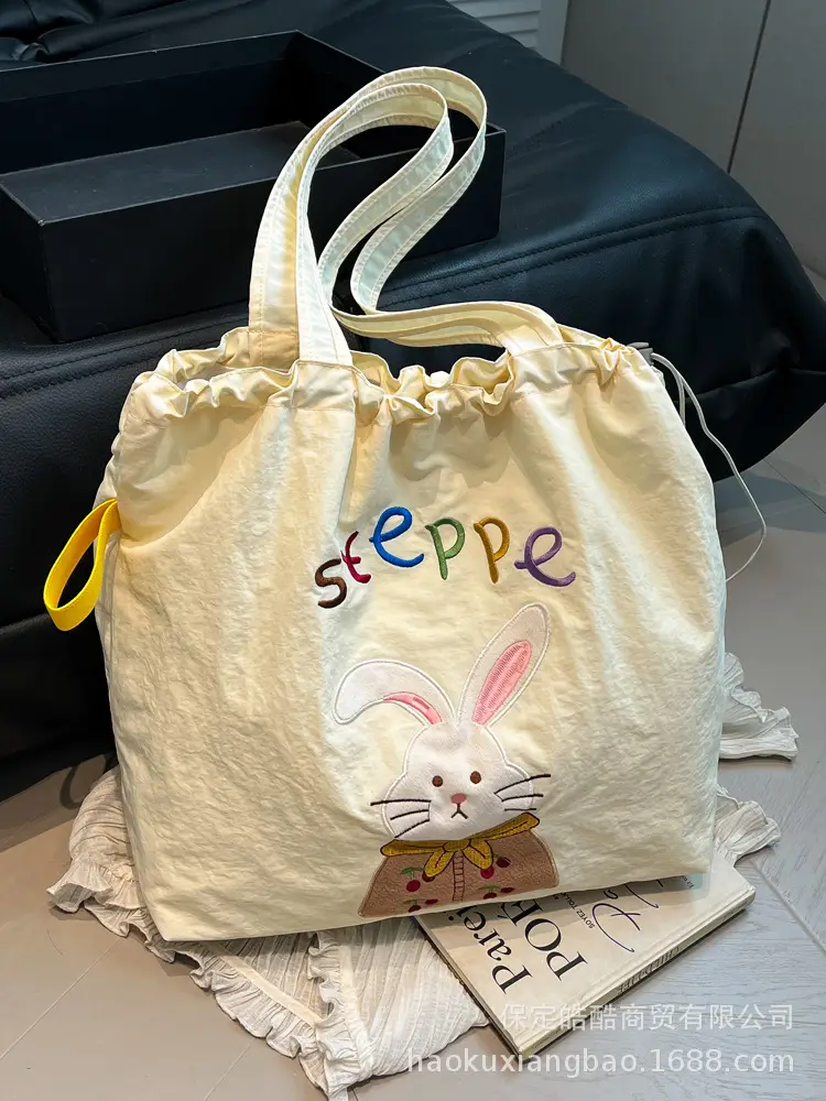 Women's Drawstring Canvas Shoulder Bag with Bunny Design - Image 3