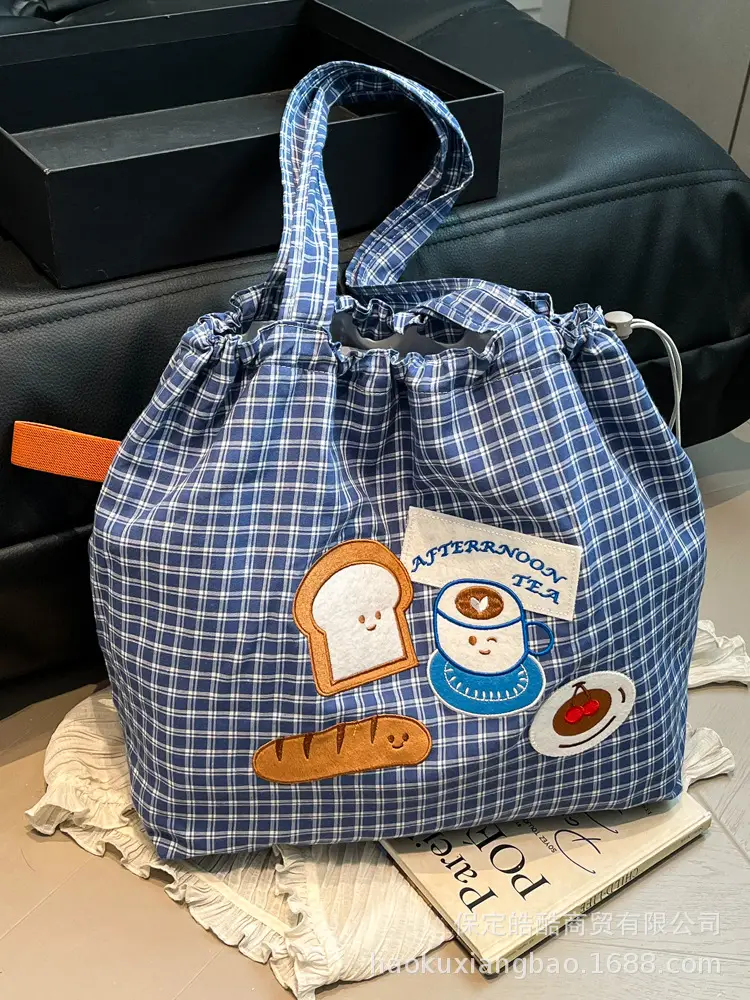 Women's Drawstring Canvas Shoulder Bag with Bunny Design - Image 4