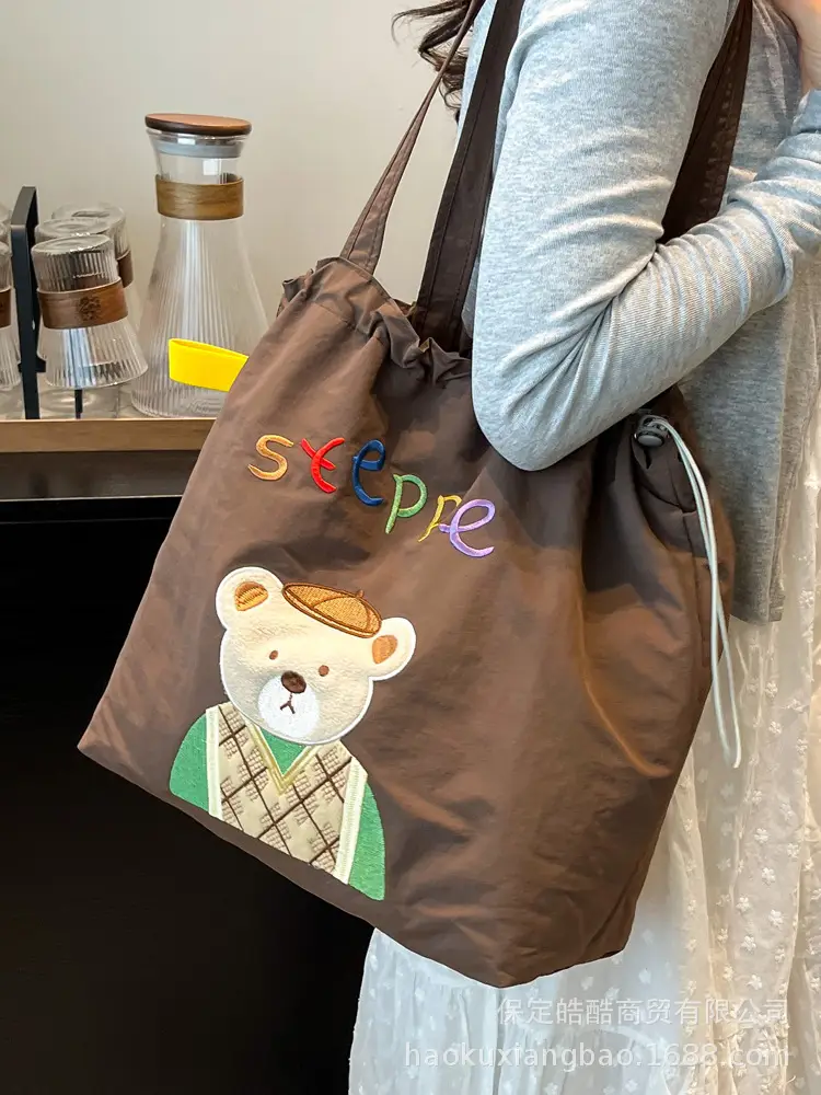 Women's Drawstring Canvas Shoulder Bag with Bunny Design - Image 5
