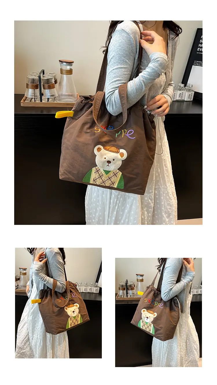 Women's Drawstring Canvas Shoulder Bag with Bunny Design — feature 11