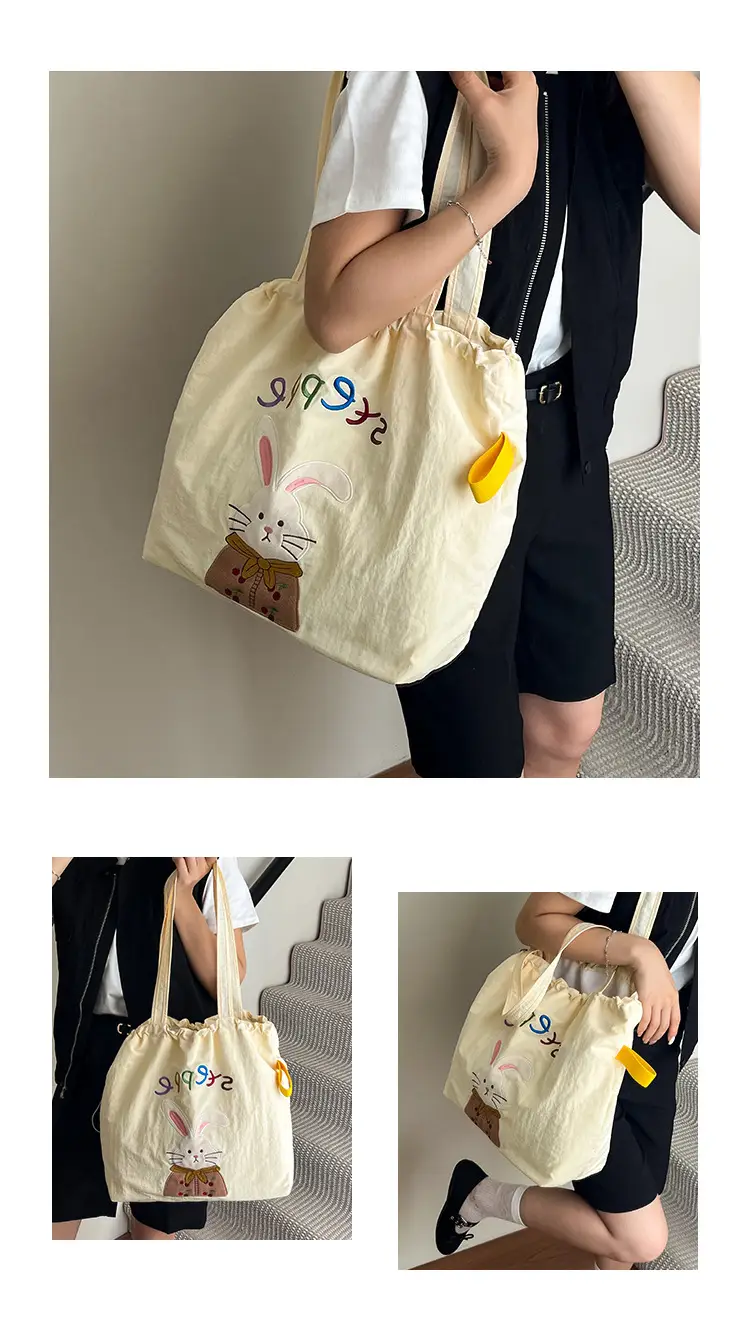 Women's Drawstring Canvas Shoulder Bag with Bunny Design — feature 12