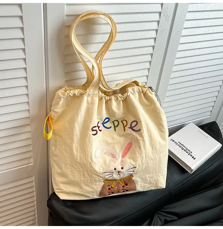Women's Drawstring Canvas Shoulder Bag with Bunny Design — feature 17