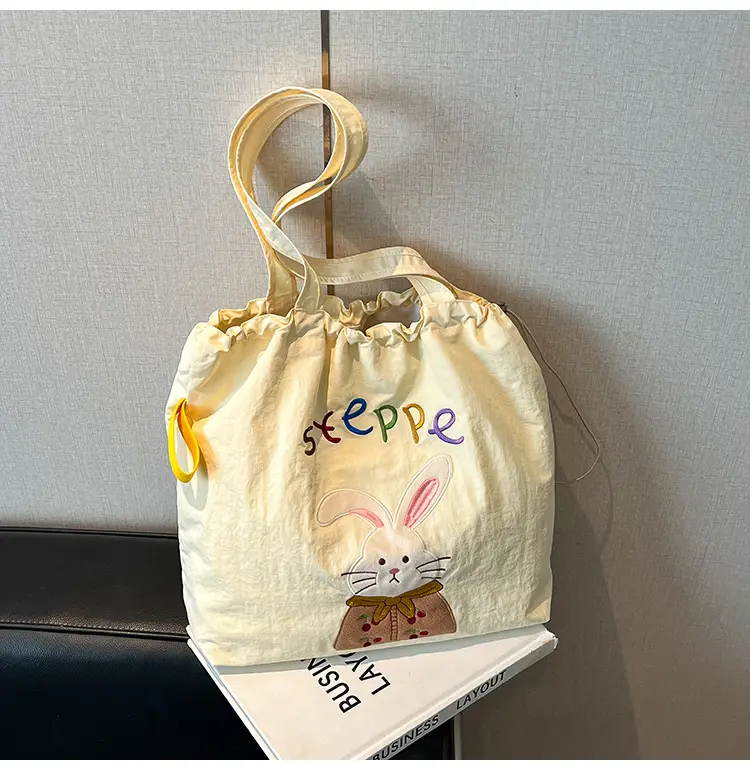 Women's Drawstring Canvas Shoulder Bag with Bunny Design — feature 18
