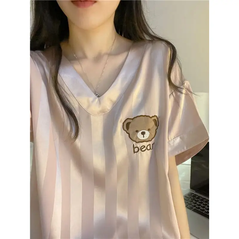 New Pajamas for Women Summer Ice Silk Thin Internet Celebrity Imitation Silk Short-Sleeved Sweet Silk Summer Home Wear Set