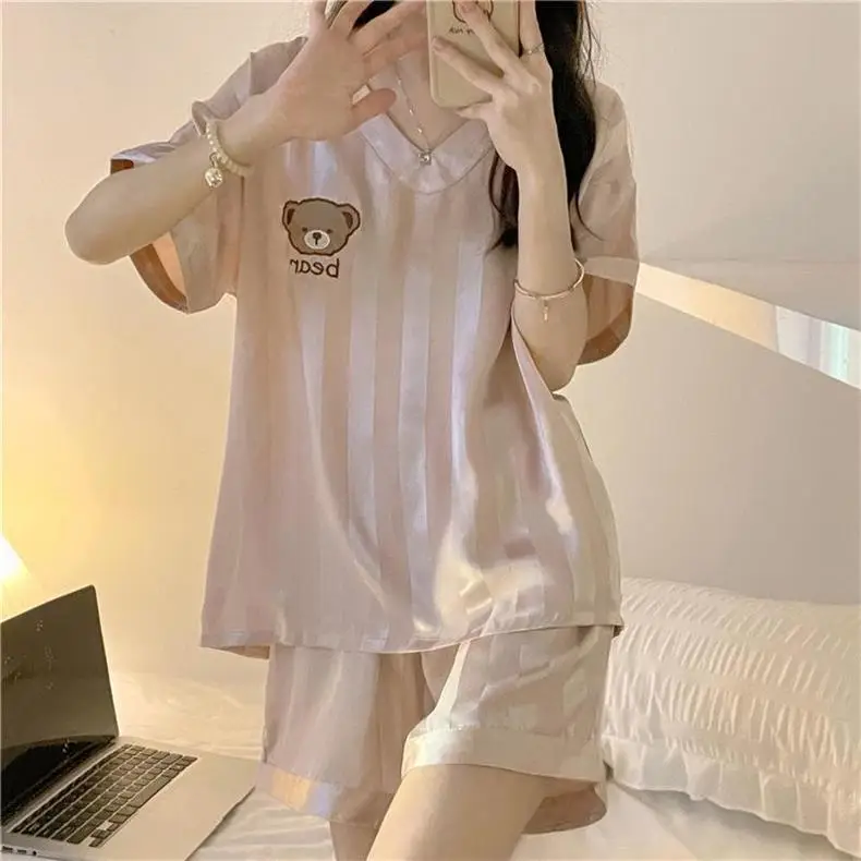 New Pajamas for Women Summer Ice Silk Thin Internet Celebrity Imitation Silk Short-Sleeved Sweet Silk Summer Home Wear Set — feature 5