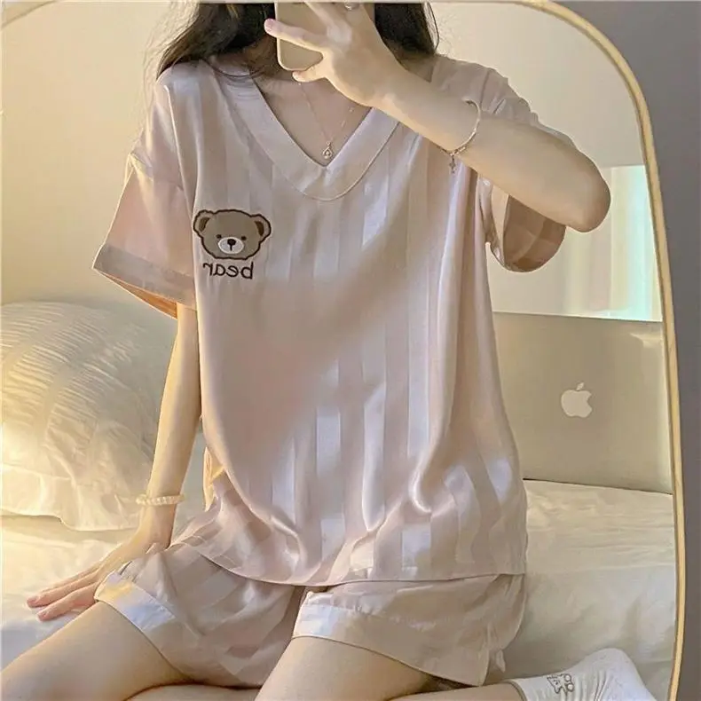 New Pajamas for Women Summer Ice Silk Thin Internet Celebrity Imitation Silk Short-Sleeved Sweet Silk Summer Home Wear Set — feature 6