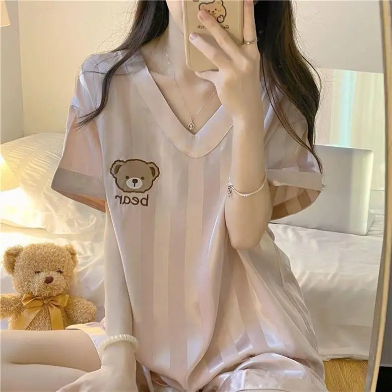 New Pajamas for Women Summer Ice Silk Thin Internet Celebrity Imitation Silk Short-Sleeved Sweet Silk Summer Home Wear Set — feature 8
