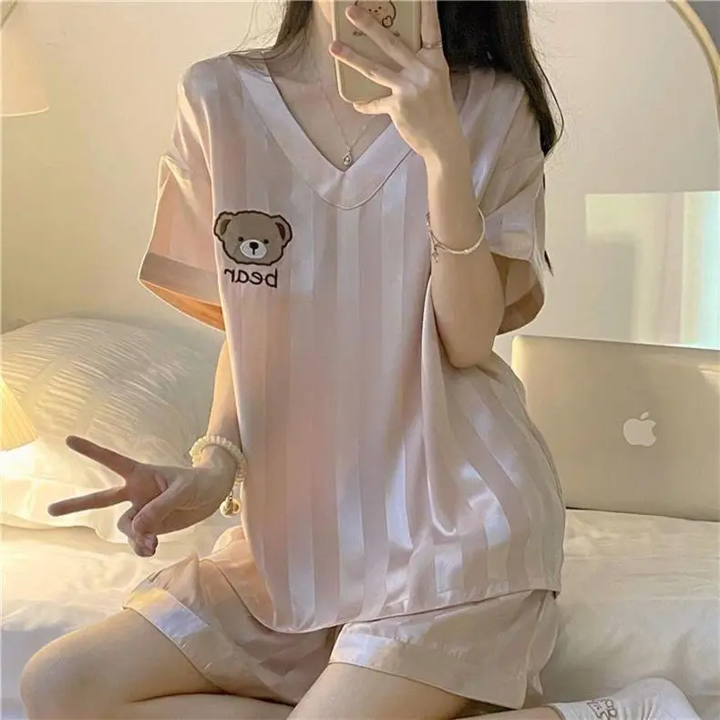 New Pajamas for Women Summer Ice Silk Thin Internet Celebrity Imitation Silk Short-Sleeved Sweet Silk Summer Home Wear Set — feature 9
