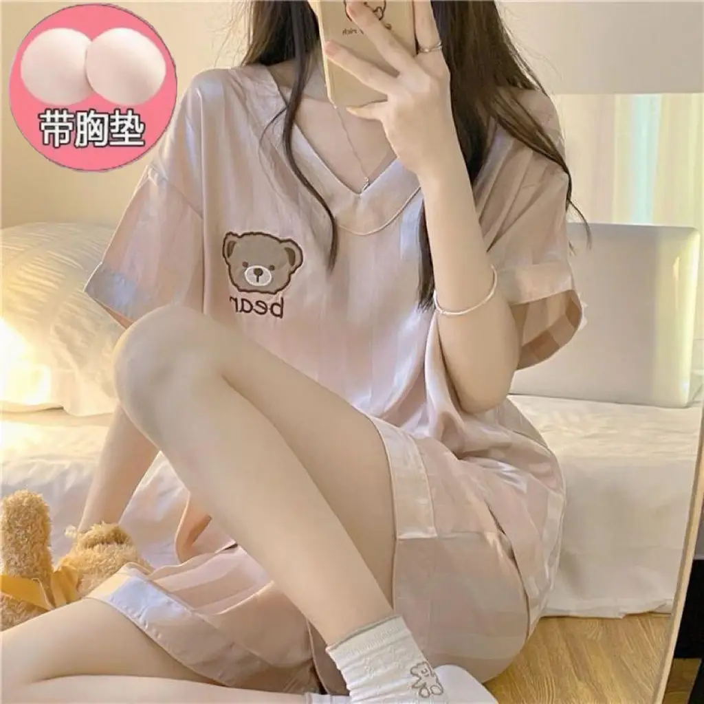 New Pajamas for Women Summer Ice Silk Thin Internet Celebrity Imitation Silk Short-Sleeved Sweet Silk Summer Home Wear Set