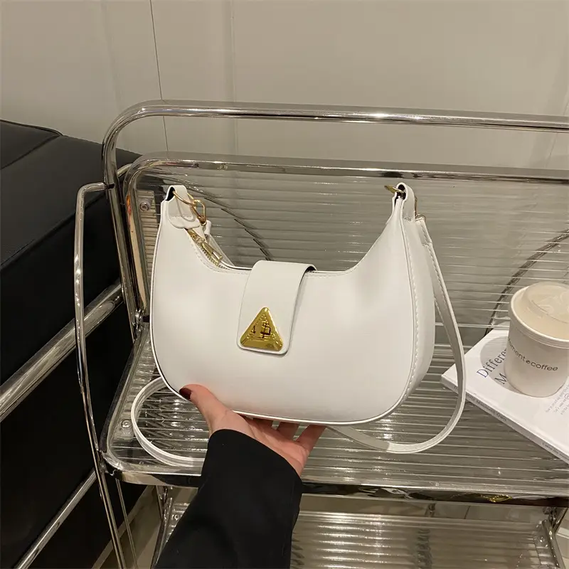 White Leather Shoulder Bag for Women with Gold Triangle Logo - Image 6