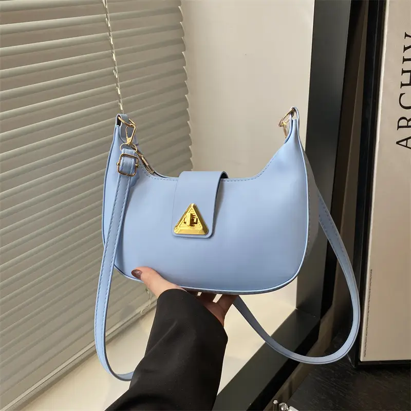 White Leather Shoulder Bag for Women with Gold Triangle Logo - Image 8