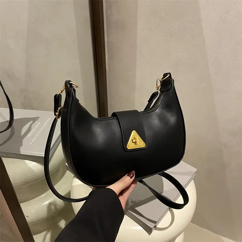 White Leather Shoulder Bag for Women with Gold Triangle Logo - Image 9