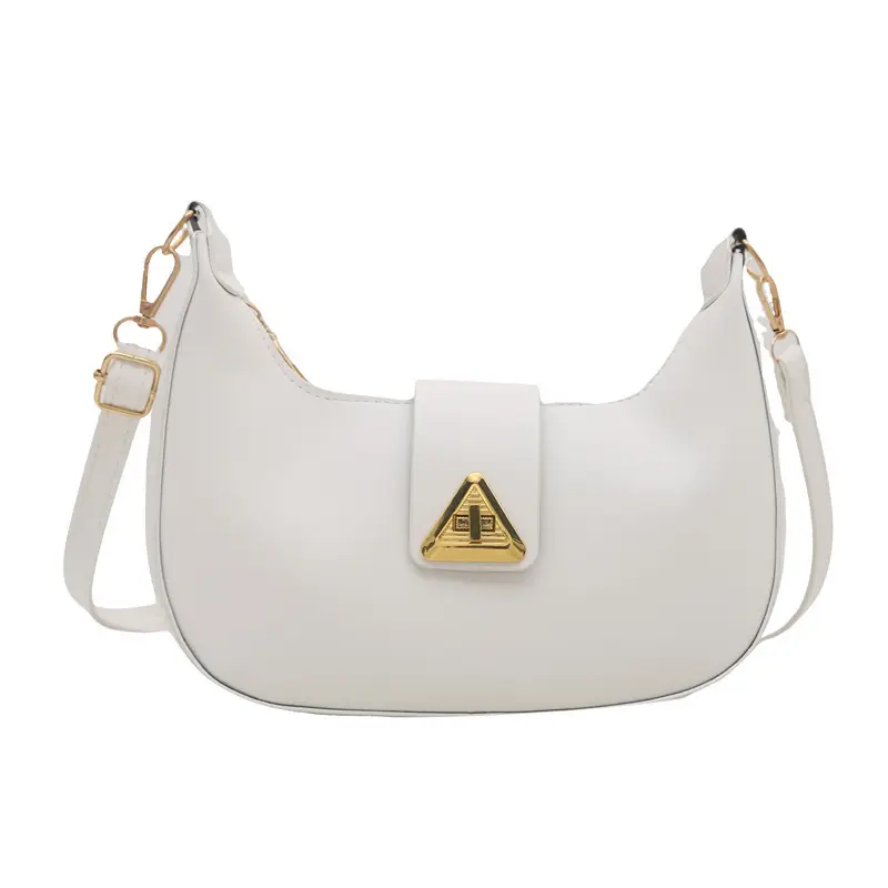 White Leather Shoulder Bag for Women with Gold Triangle Logo - Image 10