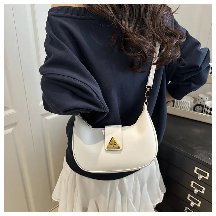 White Leather Shoulder Bag for Women with Gold Triangle Logo — feature 16