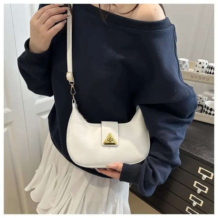 White Leather Shoulder Bag for Women with Gold Triangle Logo — feature 17