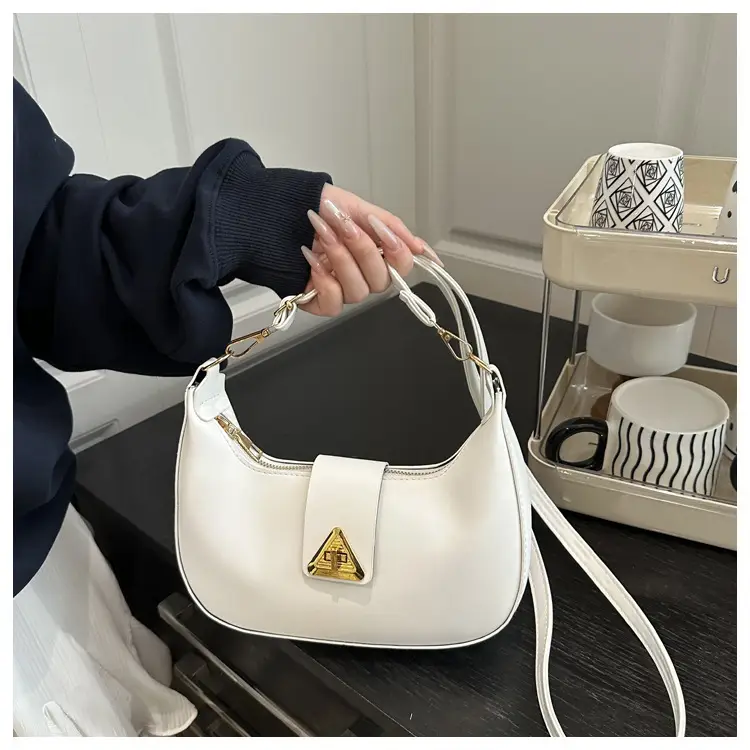 White Leather Shoulder Bag for Women with Gold Triangle Logo — feature 18