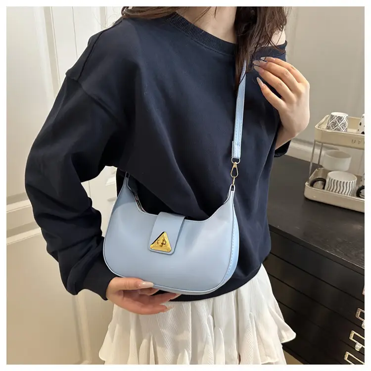 White Leather Shoulder Bag for Women with Gold Triangle Logo — feature 19