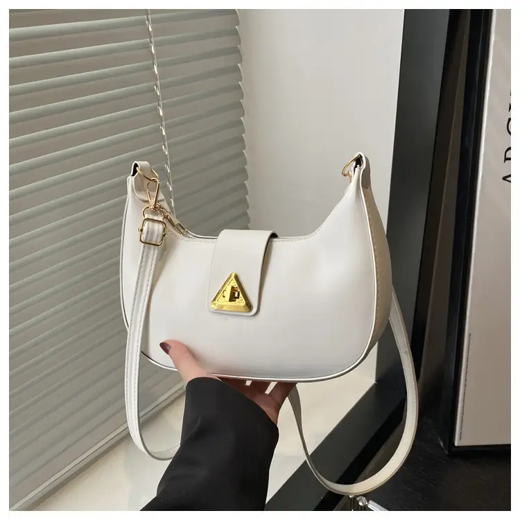 White Leather Shoulder Bag for Women with Gold Triangle Logo — feature 27