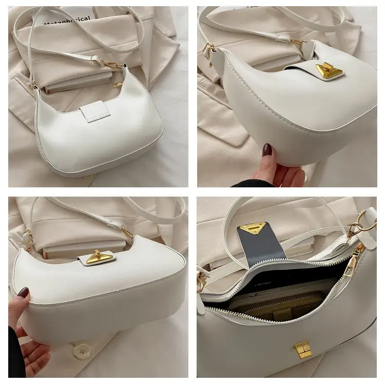 White Leather Shoulder Bag for Women with Gold Triangle Logo — feature 6