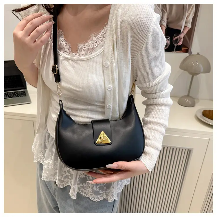 White Leather Shoulder Bag for Women with Gold Triangle Logo — feature 7