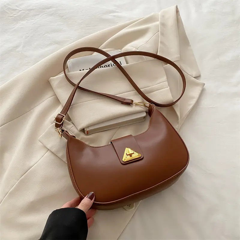 White Leather Shoulder Bag for Women with Gold Triangle Logo - Image 2
