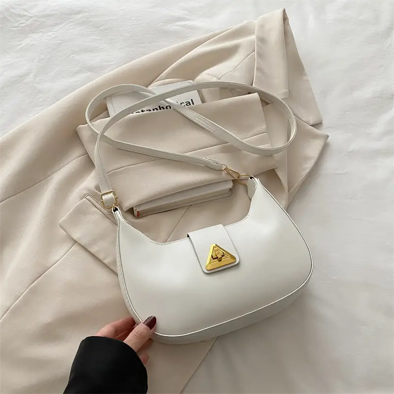 White Leather Shoulder Bag for Women with Gold Triangle Logo - Image 3