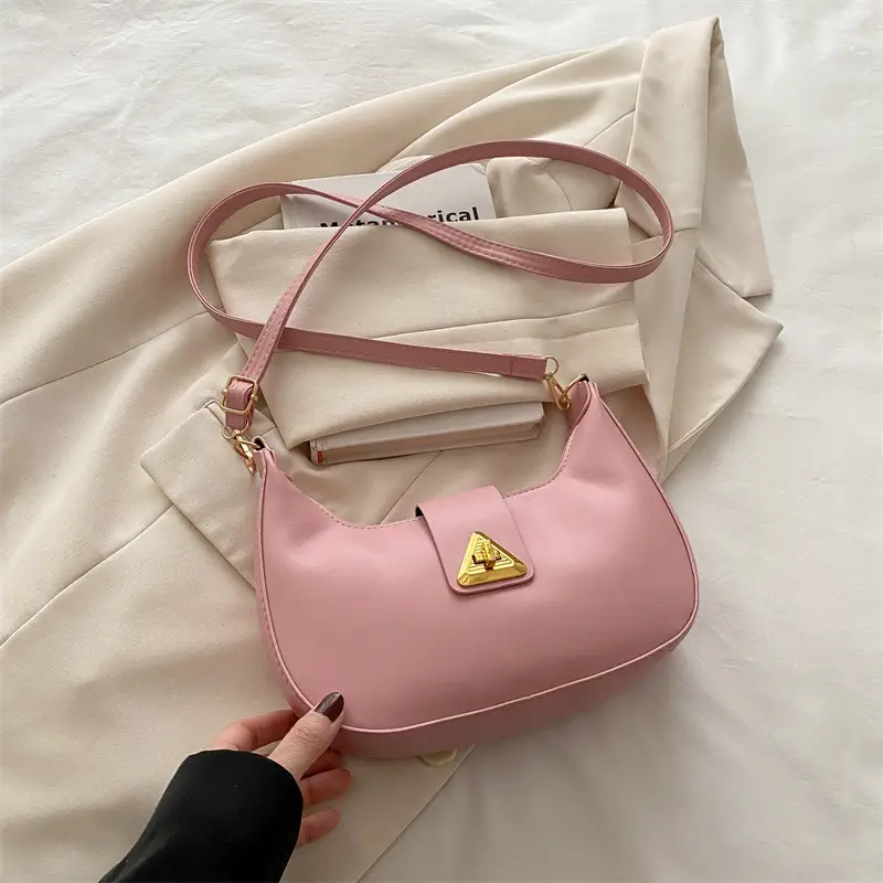 White Leather Shoulder Bag for Women with Gold Triangle Logo - Image 4