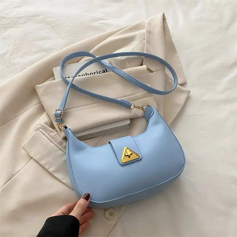 White Leather Shoulder Bag for Women with Gold Triangle Logo - Image 5