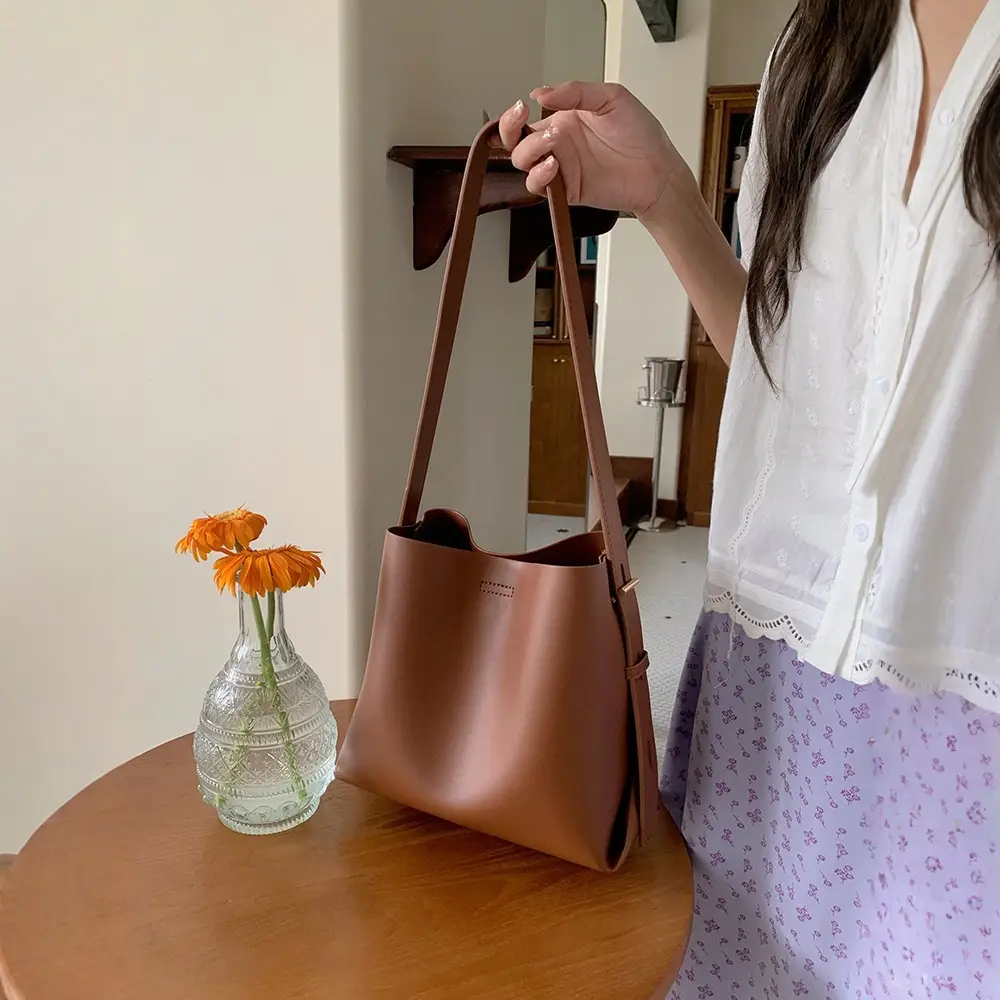 Brown Leather Bucket Bag for Women 2026