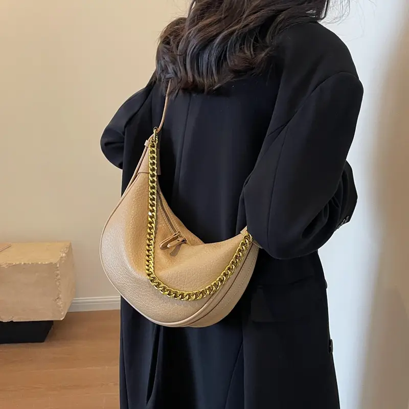 Women Chain Crossbody Bag Beige Large Capacity