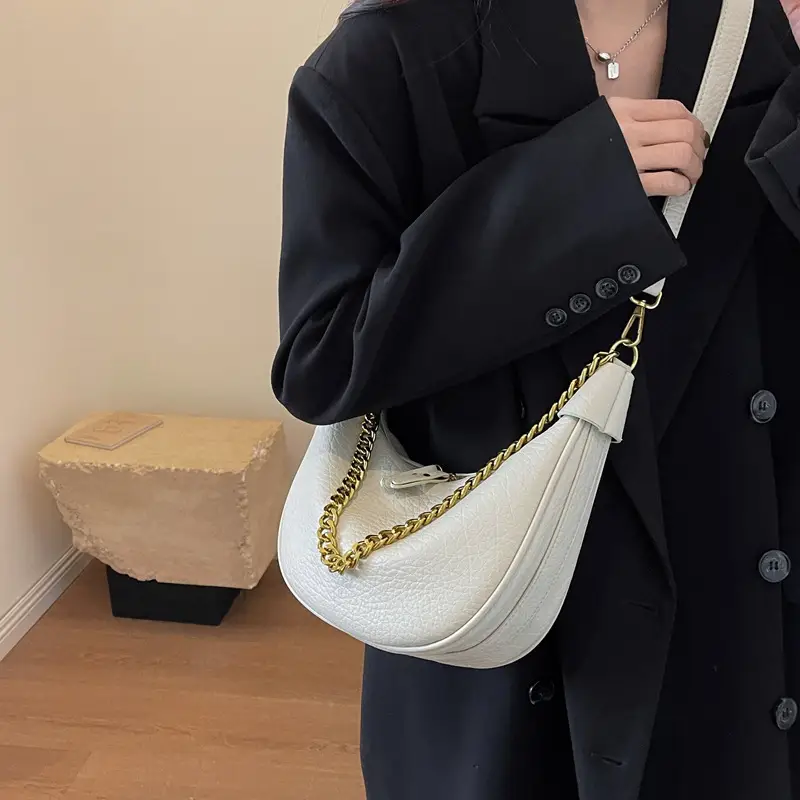 Women Chain Crossbody Bag Beige Large Capacity