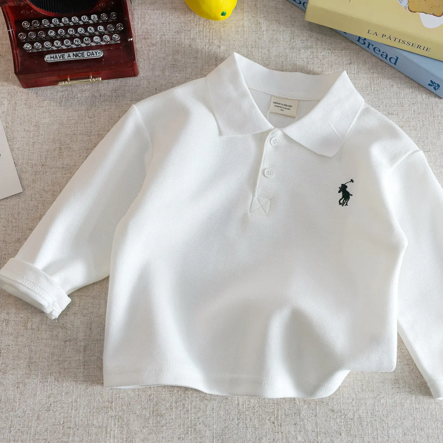 White Polo T-Shirt for Kids Long Sleeve - Image 3