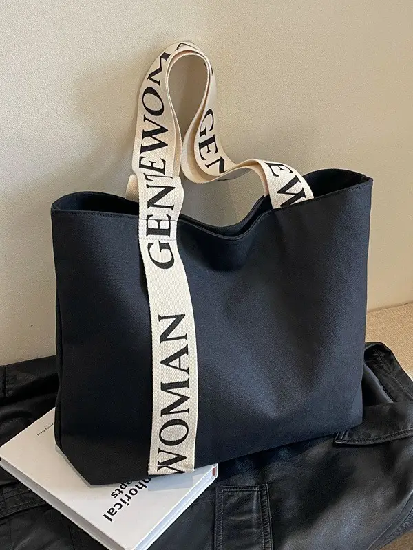 Large Capacity Canvas Shoulder Bag with Letter Strap for Women - Image 2