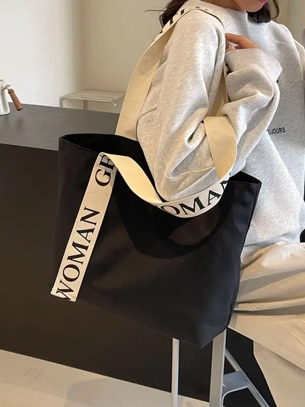 Large Capacity Canvas Shoulder Bag with Letter Strap for Women - Image 3