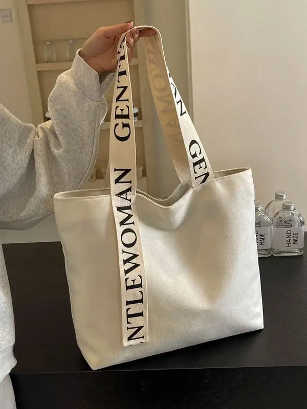 Large Capacity Canvas Shoulder Bag with Letter Strap for Women - Image 4