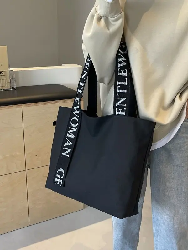 Large Capacity Canvas Shoulder Bag with Letter Strap for Women - Image 5