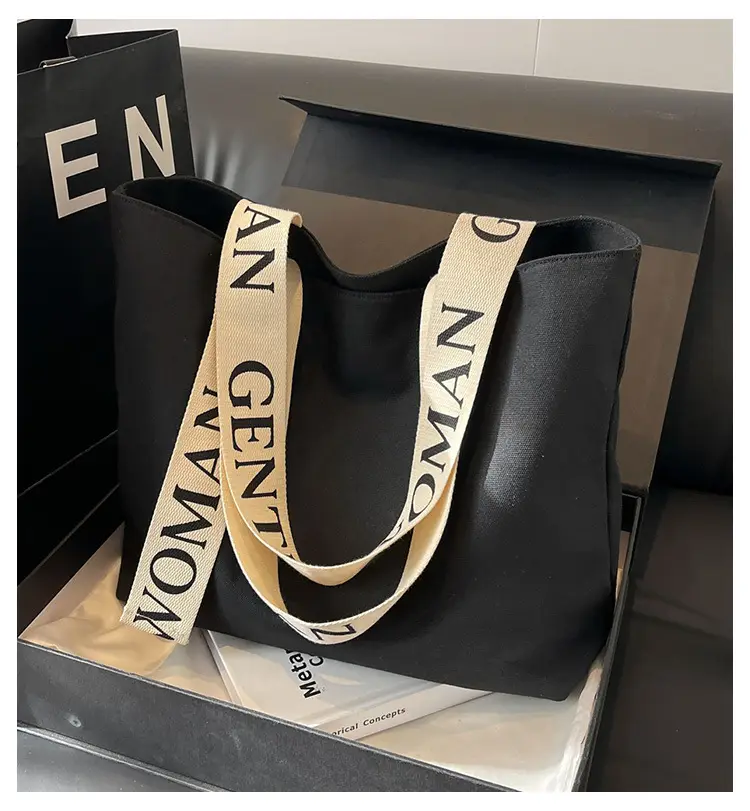 Large Capacity Canvas Shoulder Bag with Letter Strap for Women — feature 1