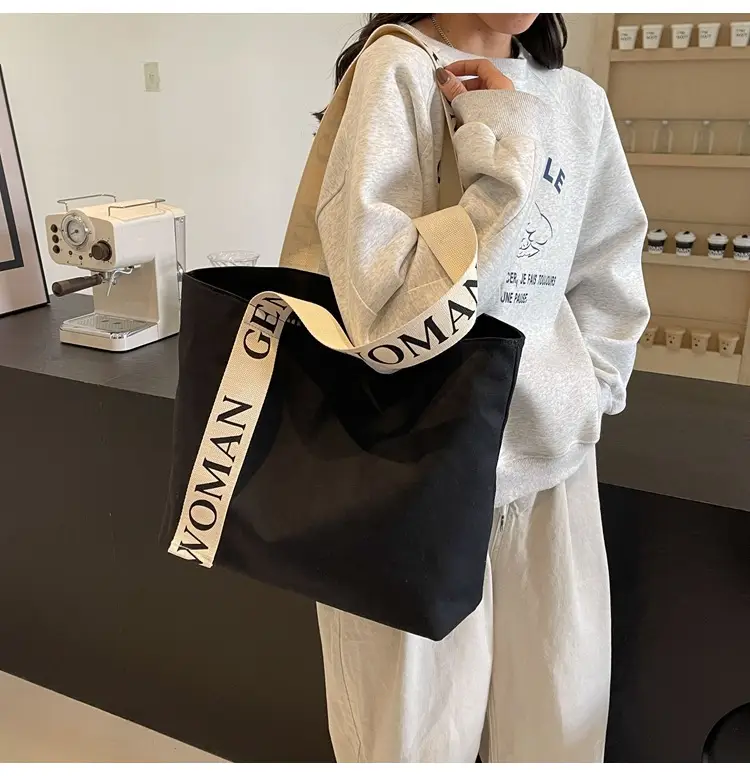 Large Capacity Canvas Shoulder Bag with Letter Strap for Women — feature 12
