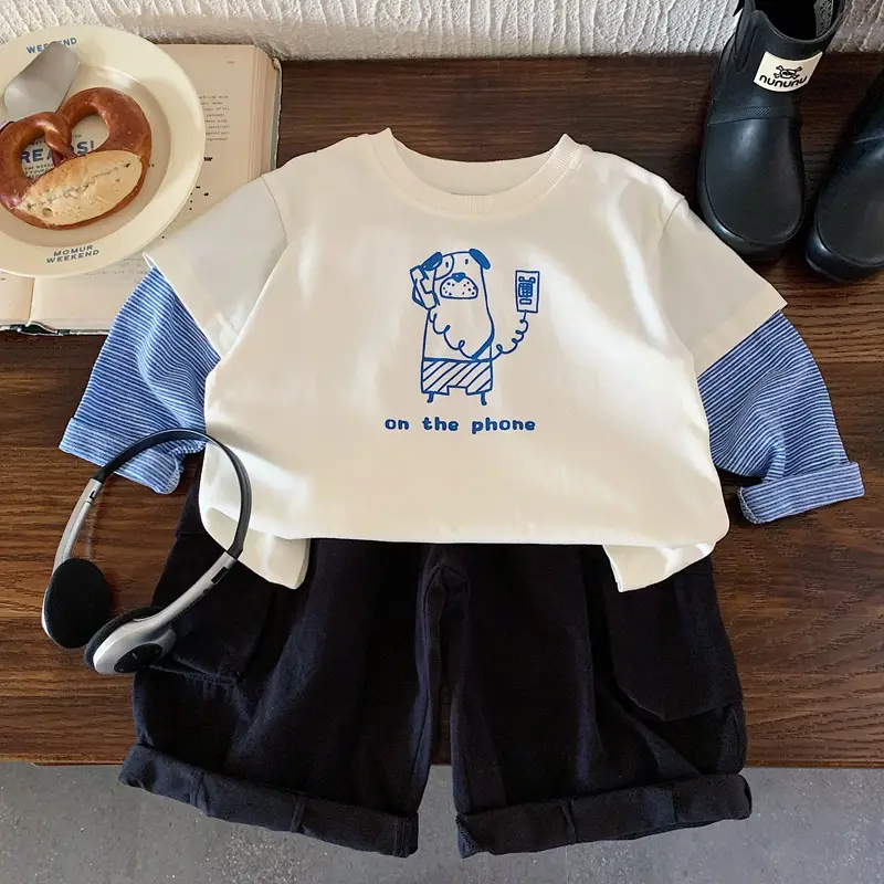Japanese Style Cartoon Boys T-Shirt White Blue Sleeve