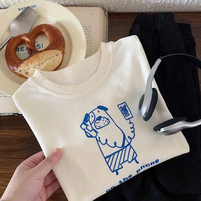 Japanese Style Cartoon Boys T-Shirt White Blue Sleeve