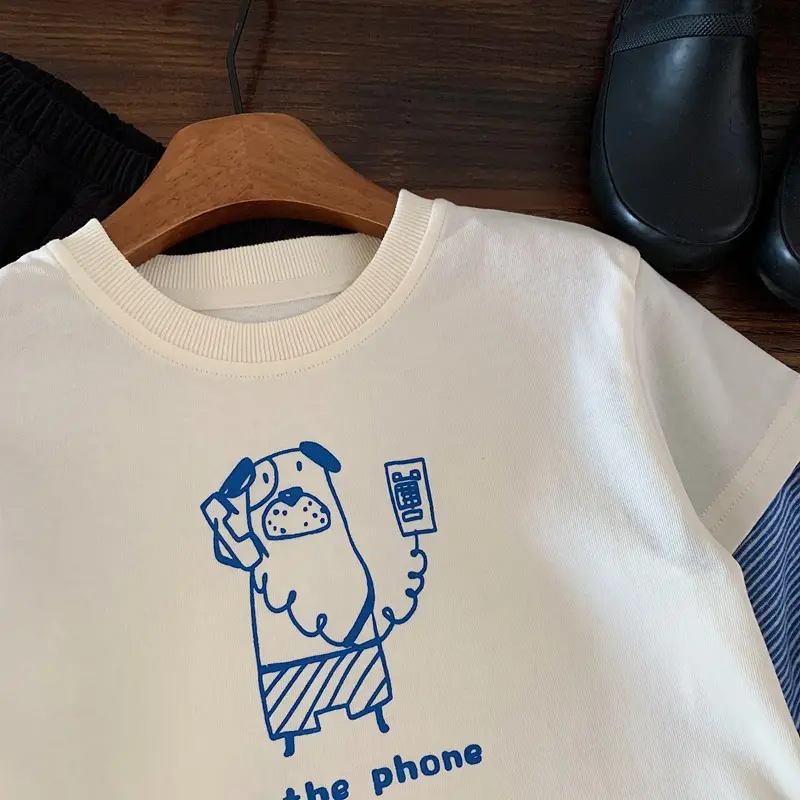 Japanese Style Cartoon Boys T-Shirt White Blue Sleeve