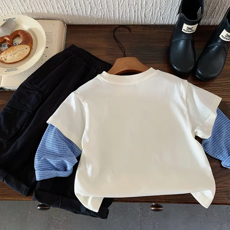 Japanese Style Cartoon Boys T-Shirt White Blue Sleeve