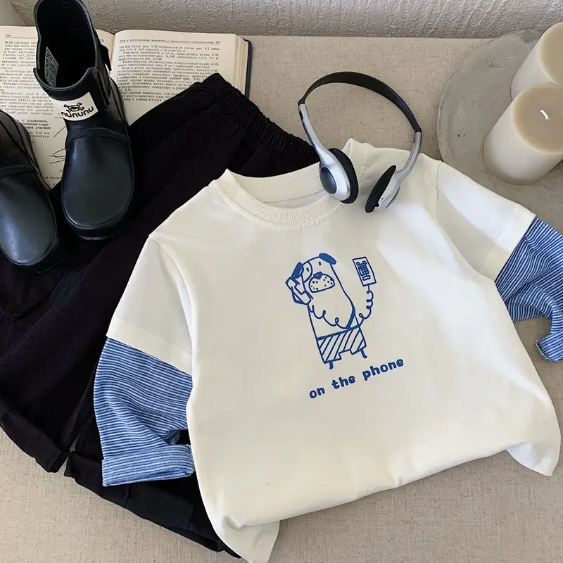 Japanese Style Cartoon Boys T-Shirt White Blue Sleeve — feature 1