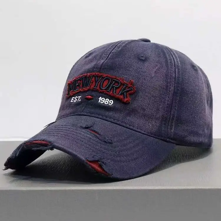 Vintage Grey Denim Baseball Cap with "NEW YORK" Embroidery