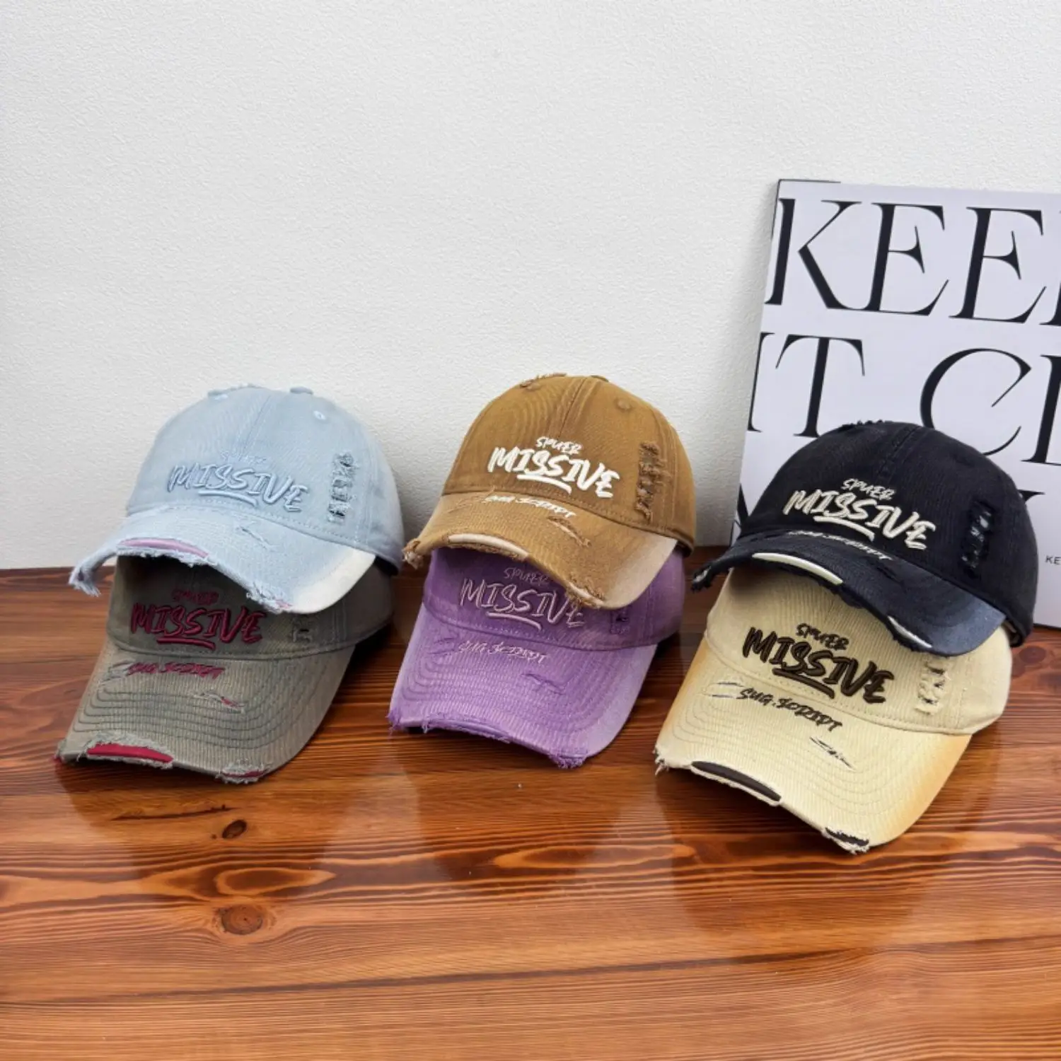 Women Distressed Missive Baseball Cap Purple Brown — feature 2