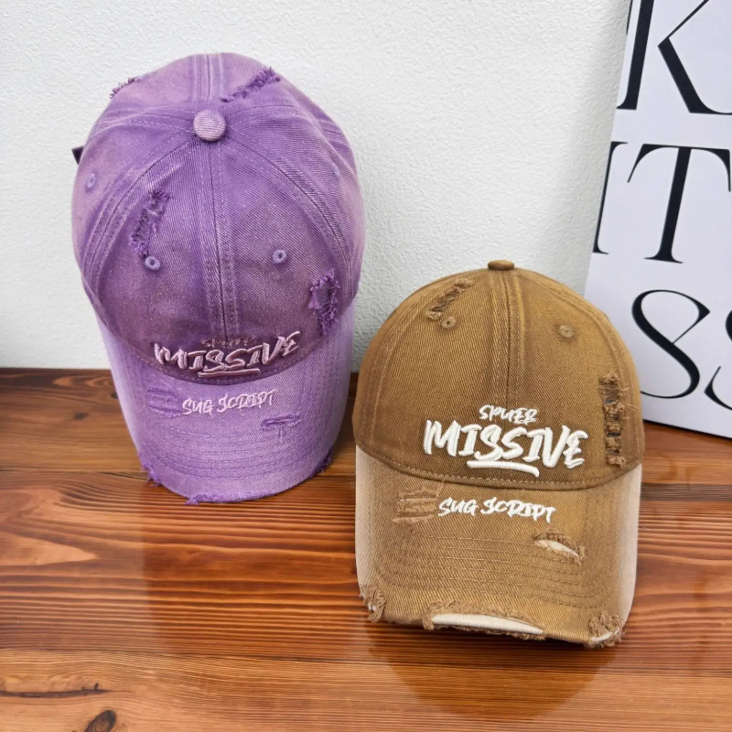 Women Distressed Missive Baseball Cap Purple Brown — feature 4