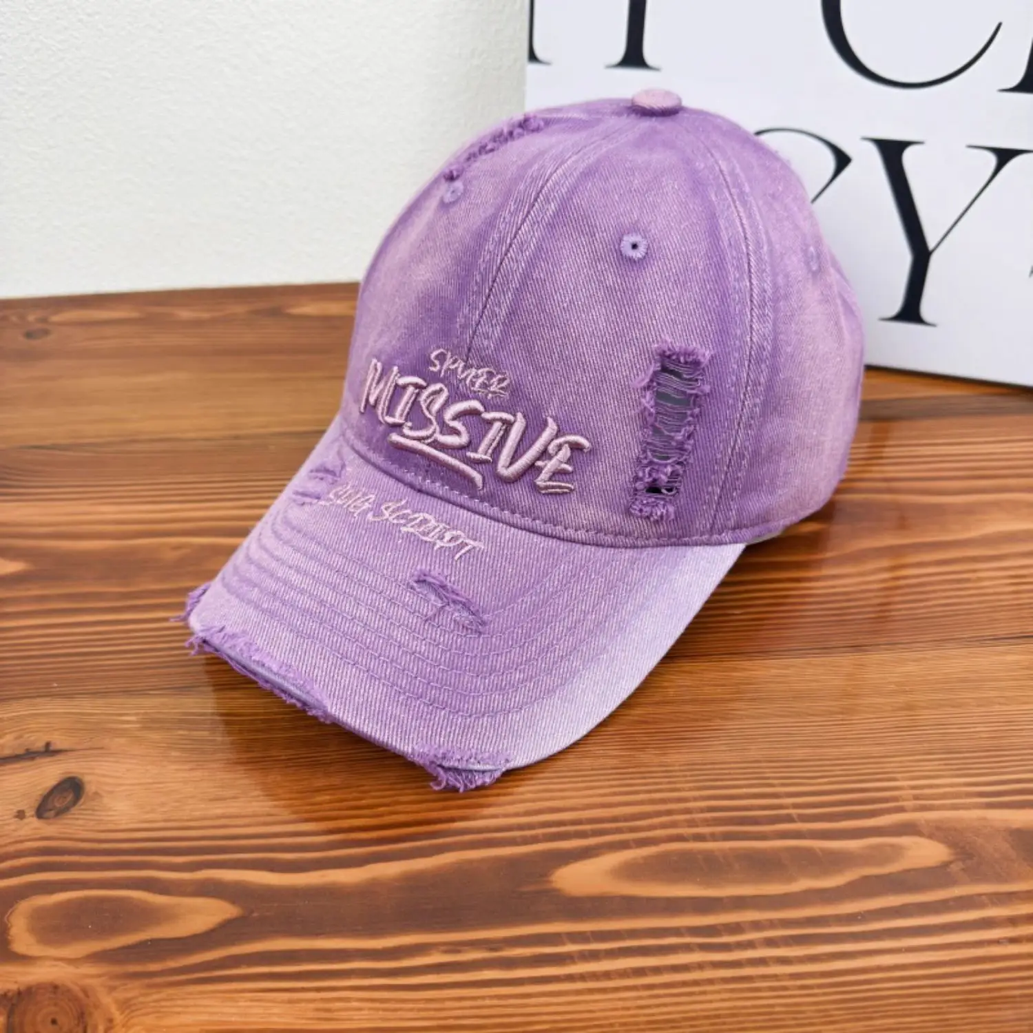 Women Distressed Missive Baseball Cap Purple Brown - Image 5