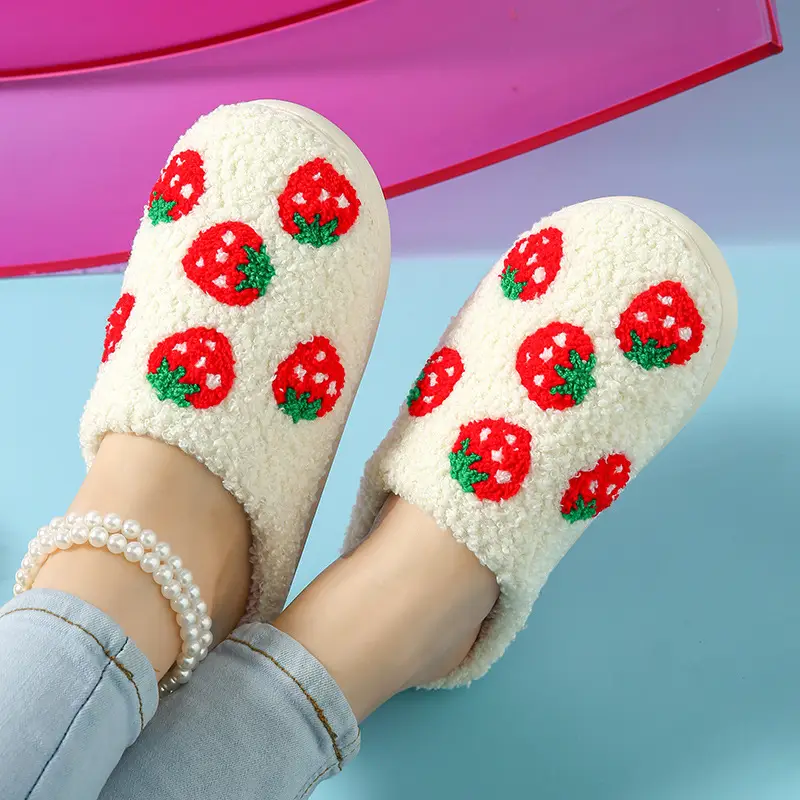 Cross-Border Popular Mushroom Smiley Face Cotton Slippers, Winter Plush Cotton Slippers Wholesale, Strawberry Rainbow Heart Towel Embroidered Cotton Slippers - Image 7