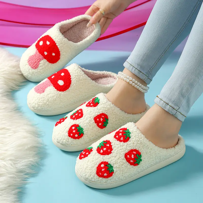 Cross-Border Popular Mushroom Smiley Face Cotton Slippers, Winter Plush Cotton Slippers Wholesale, Strawberry Rainbow Heart Towel Embroidered Cotton Slippers - Image 8