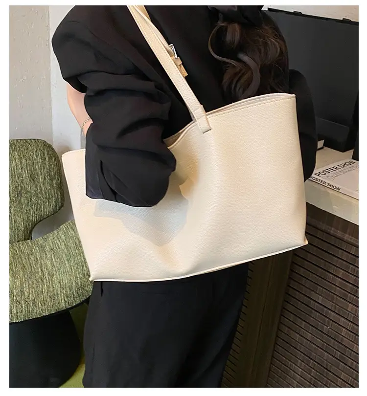 Women's Large Capacity Cream Leather Tote Bag — feature 3